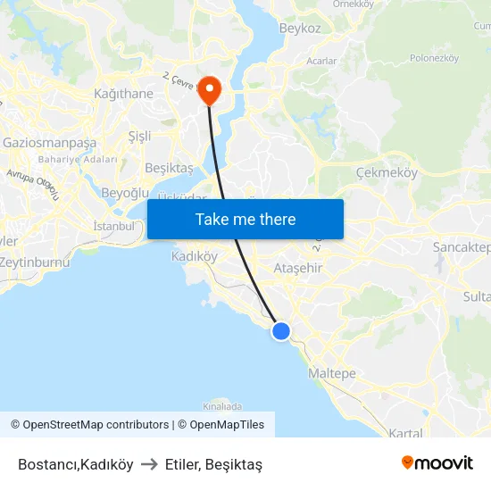 Bostancı,Kadıköy to Etiler, Beşiktaş map