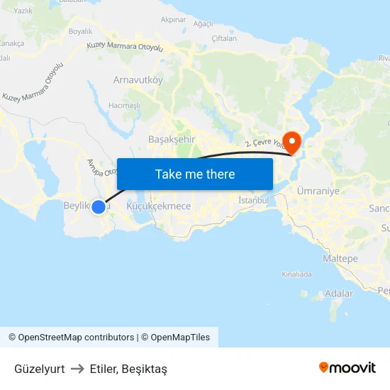 Güzelyurt to Etiler, Beşiktaş map