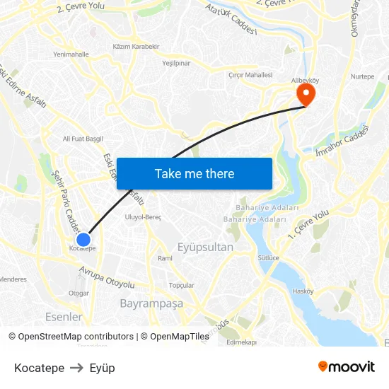 Kocatepe to Eyüp map