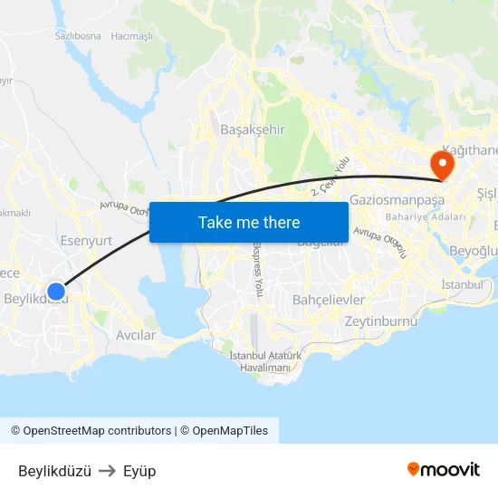 Beylikdüzü to Eyüp map