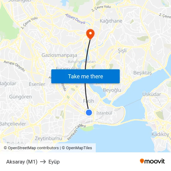 Aksaray (M1) to Eyüp map