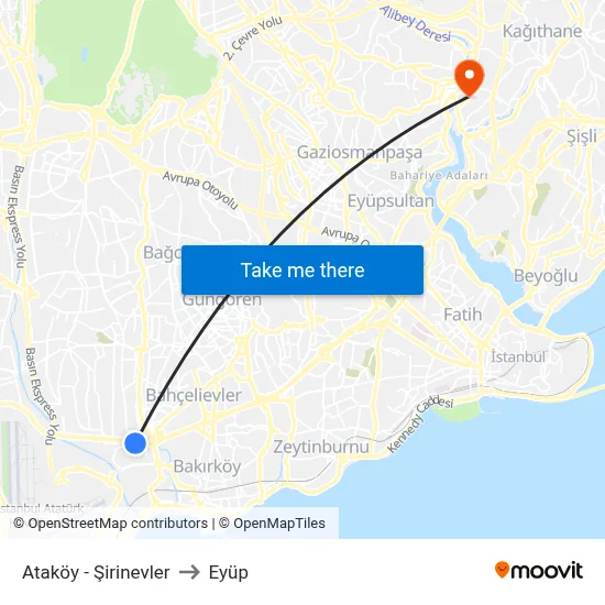 Ataköy - Şirinevler to Eyüp map