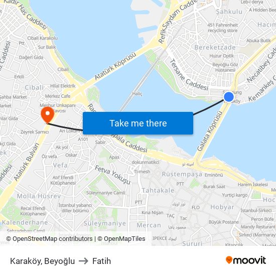 Karaköy, Beyoğlu to Fatih map