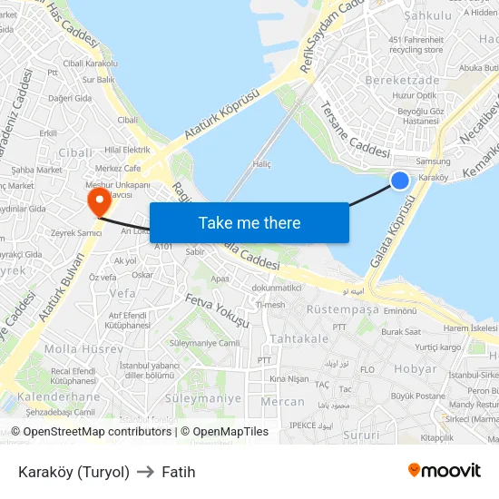 Karaköy (Turyol) to Fatih map