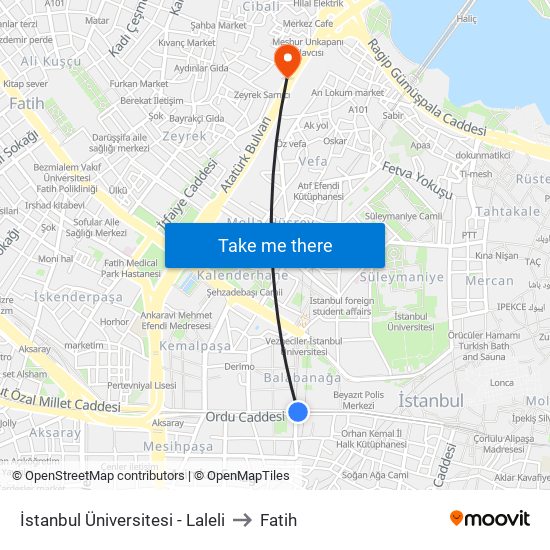 İstanbul Üniversitesi - Laleli to Fatih map