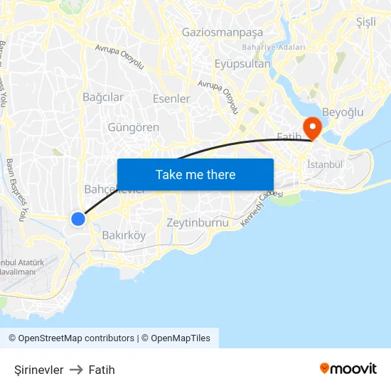 Şirinevler to Fatih map