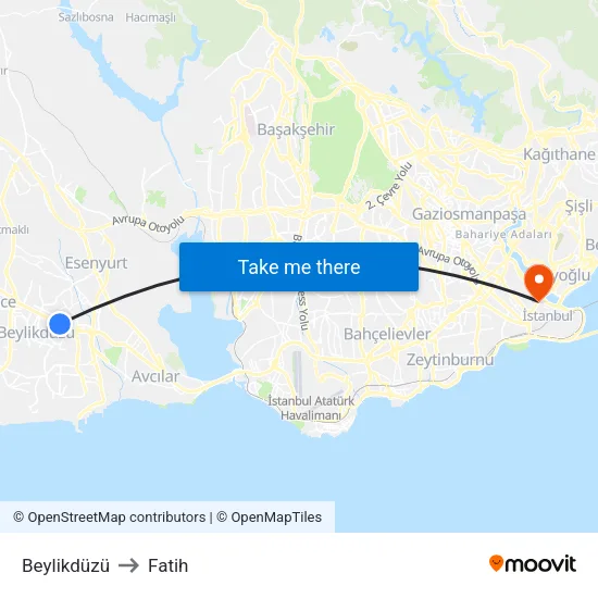 Beylikdüzü to Fatih map