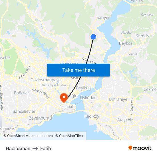 Hacıosman to Fatih map