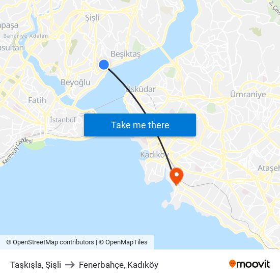 Taşkışla, Şişli to Fenerbahçe, Kadıköy map