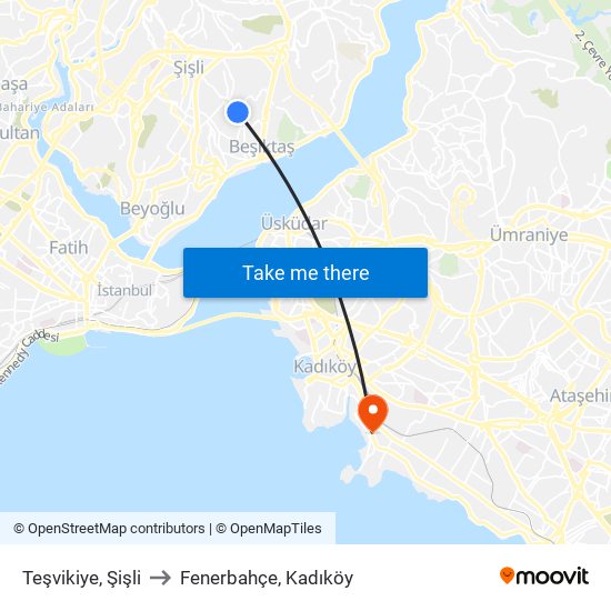 Teşvikiye, Şişli to Fenerbahçe, Kadıköy map