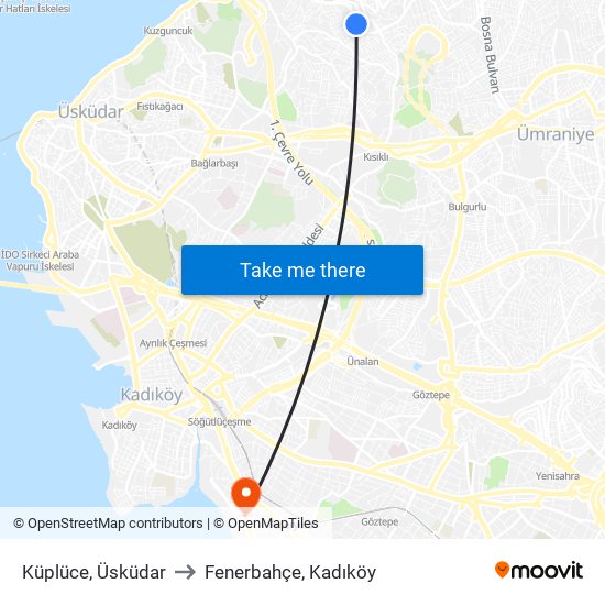 Küplüce, Üsküdar to Fenerbahçe, Kadıköy map