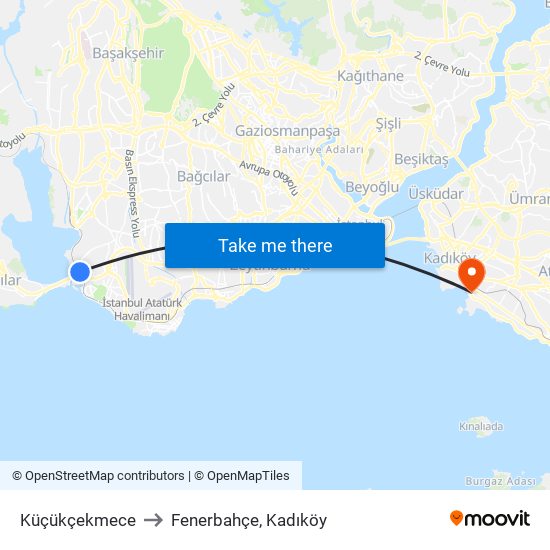 Küçükçekmece to Fenerbahçe, Kadıköy map