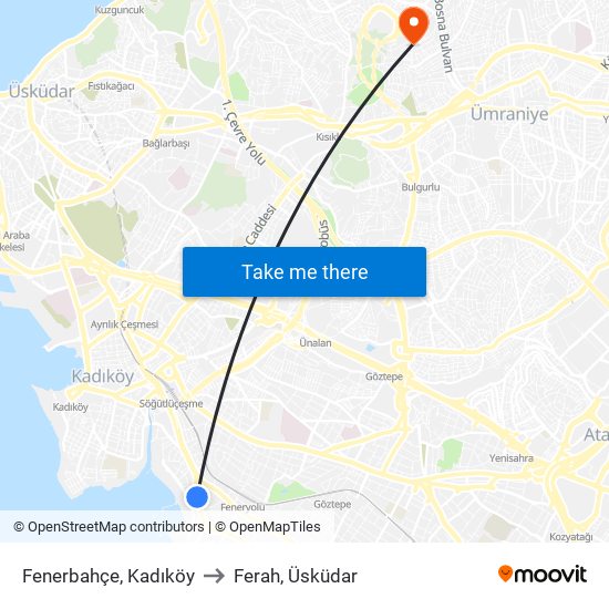 Fenerbahçe, Kadıköy to Ferah, Üsküdar map