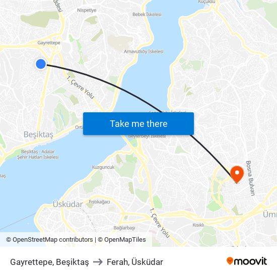 Gayrettepe, Beşiktaş to Ferah, Üsküdar map