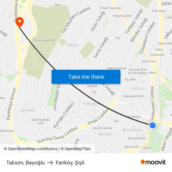 Taksim, Beyoğlu to Feriköy, Şişli map