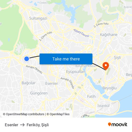 Esenler to Feriköy, Şişli map
