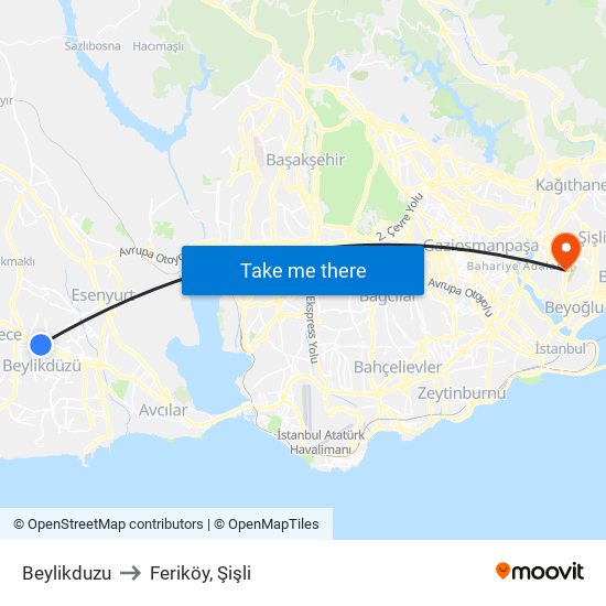 Beylikduzu to Feriköy, Şişli map