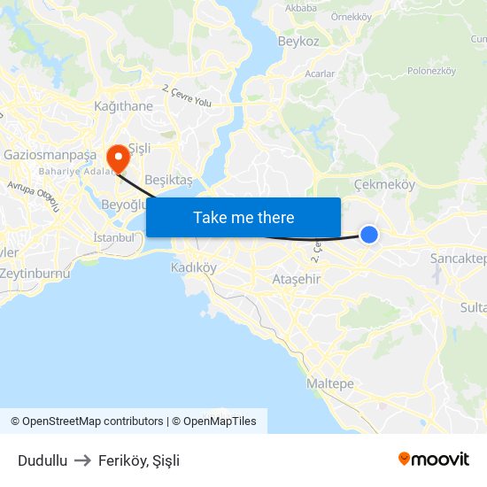 Dudullu to Feriköy, Şişli map