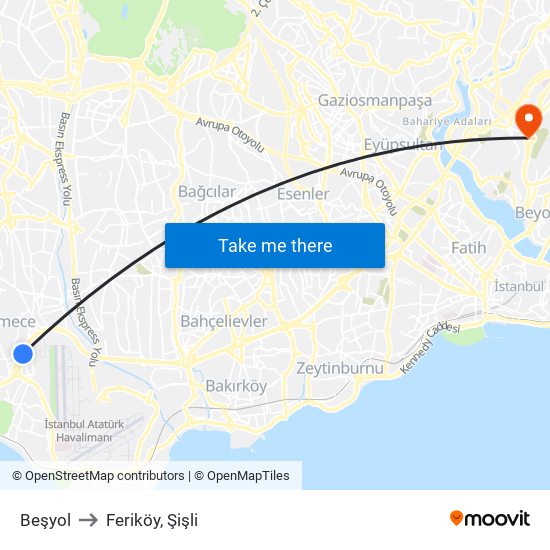 Beşyol to Feriköy, Şişli map