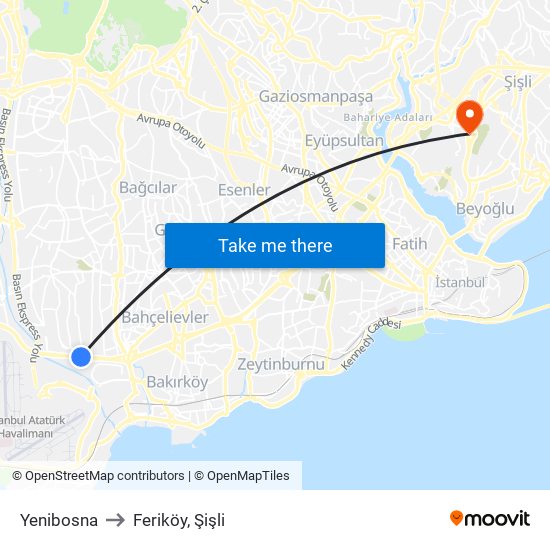 Yenibosna to Feriköy, Şişli map