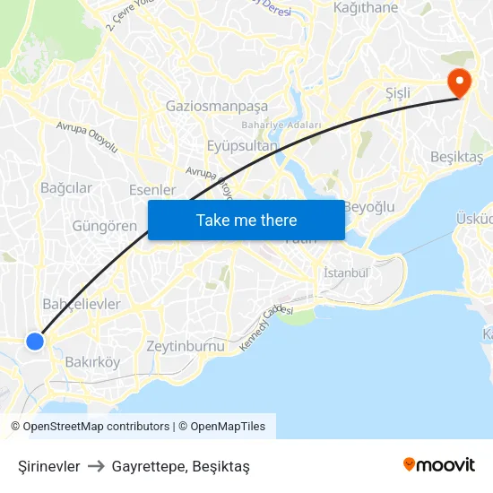 Şirinevler to Gayrettepe, Beşiktaş map