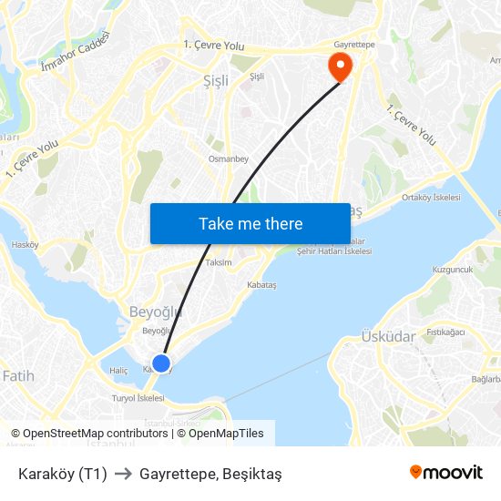 Karaköy (T1) to Gayrettepe, Beşiktaş map