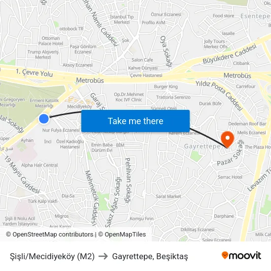 Şişli/Mecidiyeköy (M2) to Gayrettepe, Beşiktaş map