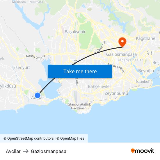 Avcilar to Gaziosmanpasa map