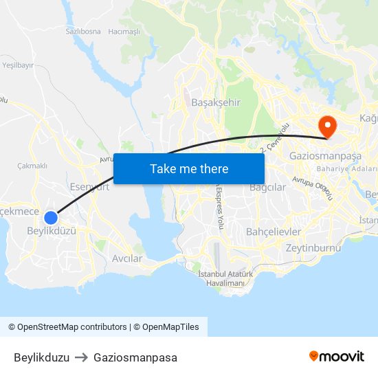 Beylikduzu to Gaziosmanpasa map