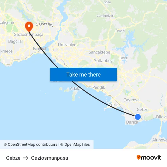 Gebze to Gaziosmanpasa map