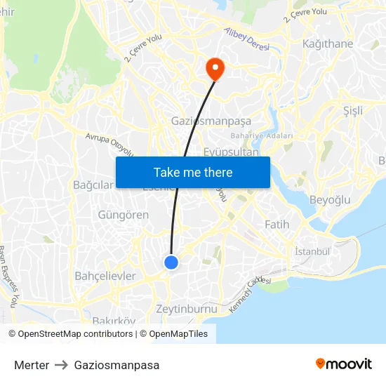 Merter to Gaziosmanpasa map