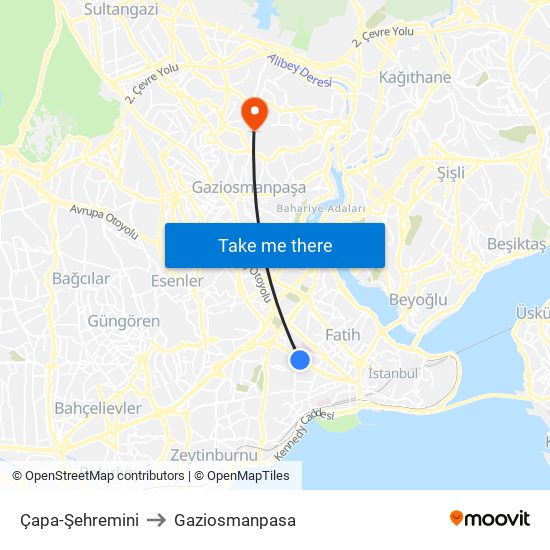 Çapa-Şehremini to Gaziosmanpasa map
