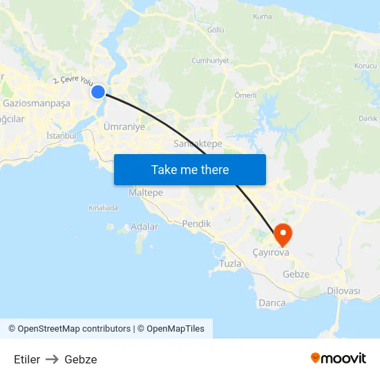 Etiler to Gebze map