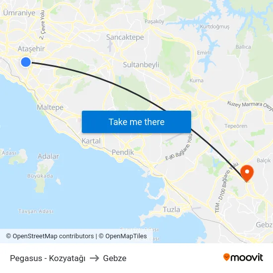 Pegasus - Kozyatağı to Gebze map