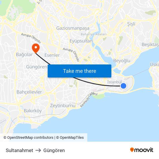 Sultanahmet to Güngören map