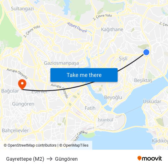 Gayrettepe (M2) to Güngören map