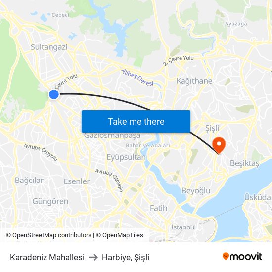 Karadeniz Mahallesi to Harbiye, Şişli map