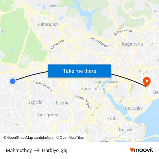 Mahmutbey to Harbiye, Şişli map