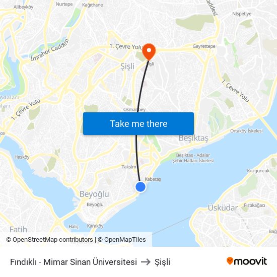 Fındıklı - Mimar Sinan Üniversitesi to Şişli map