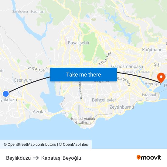 Beylikduzu to Kabataş, Beyoğlu map