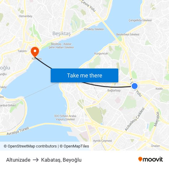 Altunizade to Kabataş, Beyoğlu map