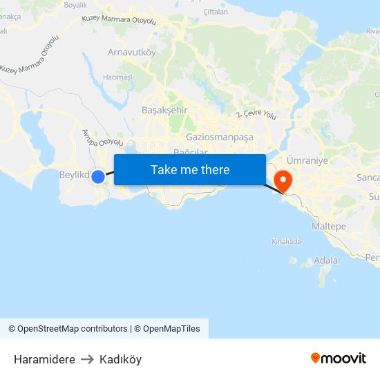 Haramidere to Kadıköy map