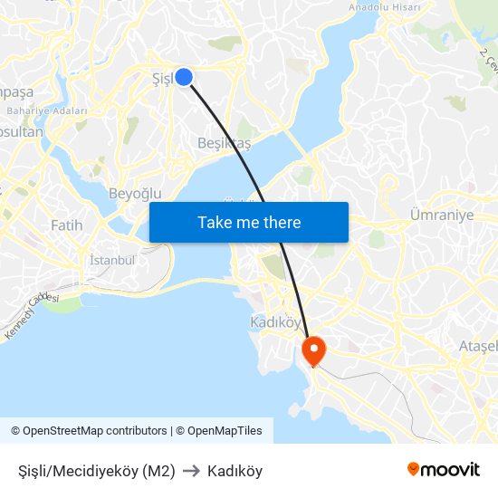 Şişli/Mecidiyeköy (M2) to Kadıköy map