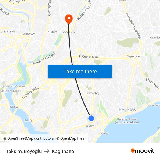 Taksim, Beyoğlu to Kagithane map