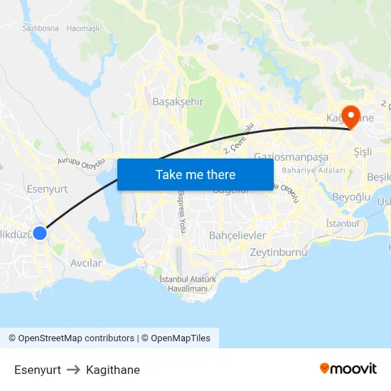 Esenyurt to Kagithane map