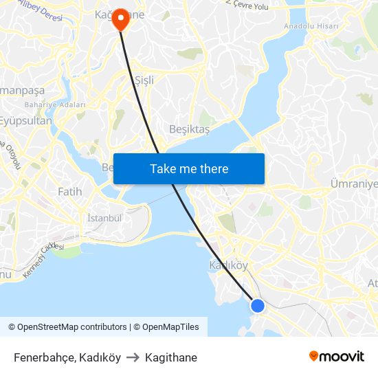 Fenerbahçe, Kadıköy to Kagithane map