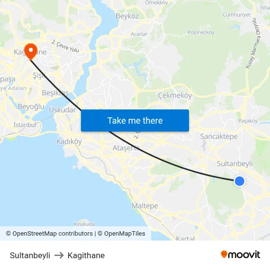Sultanbeyli to Kagithane map