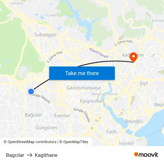 Bagcilar to Kagithane map