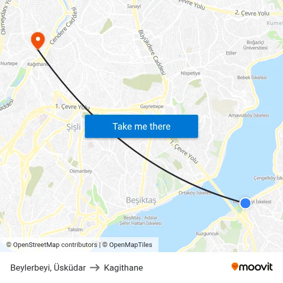 Beylerbeyi, Üsküdar to Kagithane map