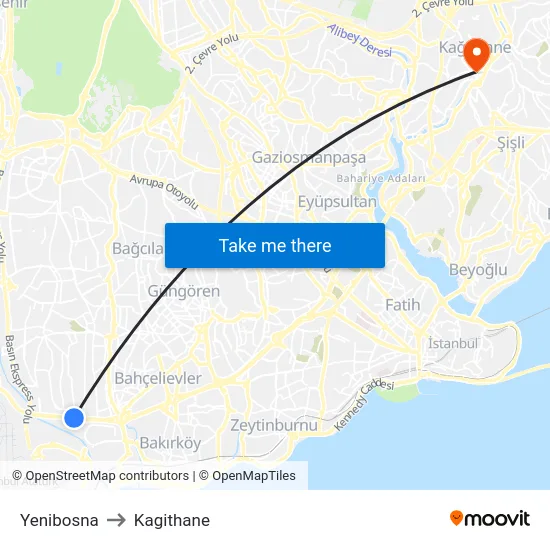 Yenibosna to Kagithane map